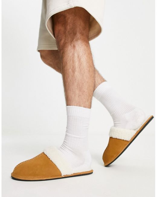 Asos Design premium sheepskin slippers in tan with teddy lining-