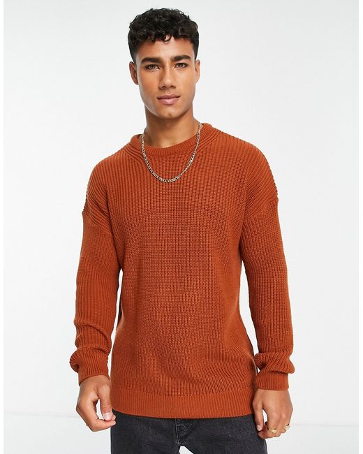New Look relaxed fit knit fisherman sweater in rust-