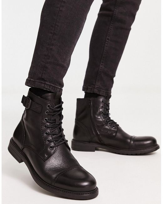Jack & Jones leather lace up boots with side zip in