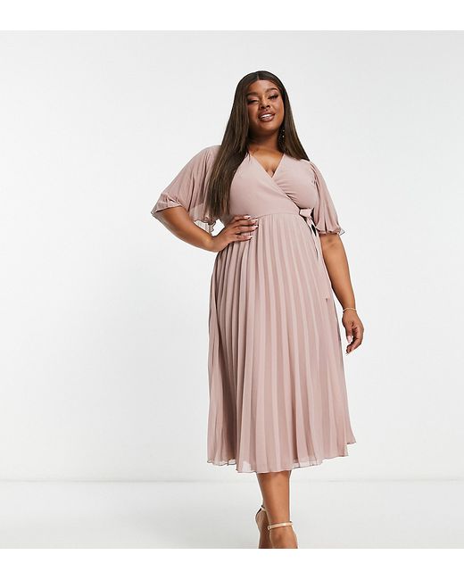 ASOS Curve DESIGN Curve exclusive pleated midi dress with kimono sleeve and tie waist in blush-