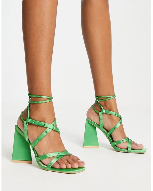 Raid Elinora block heel sandals with stud embellishment in green satin-