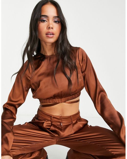 Noisy May satin tie detail top in rust part of a set-