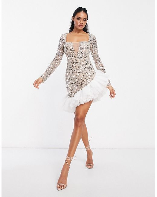 ASOS Luxe tulle hem embellished skater mini dress in blush-