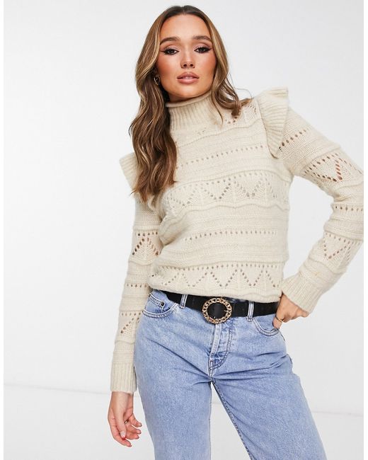 Y.A.S crochet frill detail sweater in cream-