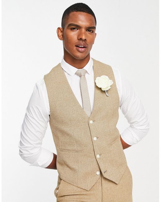 Asos Design wedding skinny wool mix suit vest in camel basketweave texture-