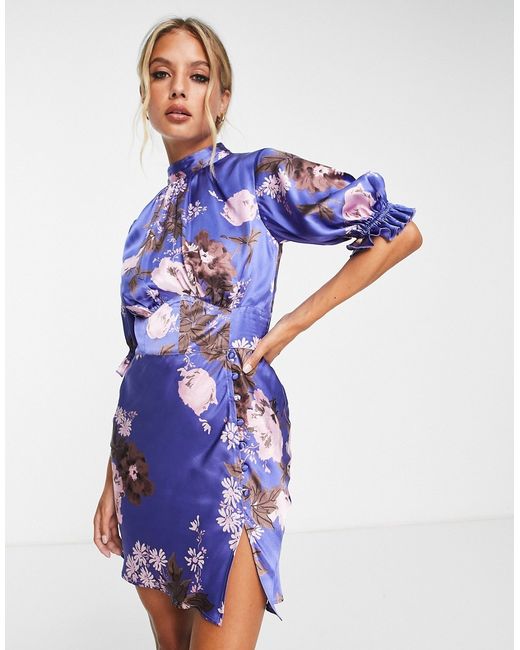 Asos Design satin mini mixed floral dress with waist detail and frill sleeves in