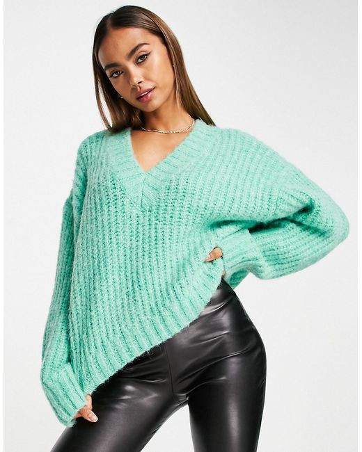 Asos Design premium chunky V neck oversized sweater in fluffy yarn