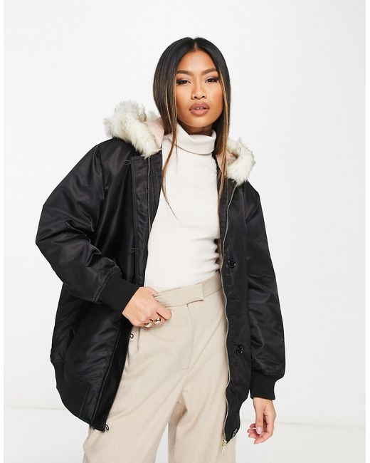 River Island bomber jacket with fur hood detail in