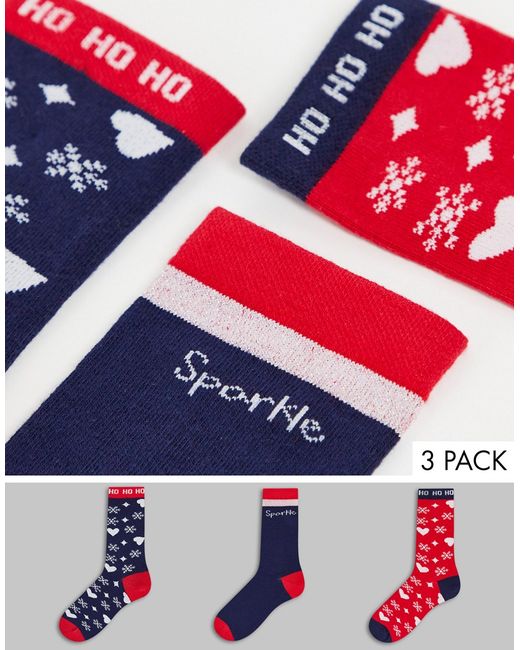 Threadbare 3 pack christmas sparkle socks in red and
