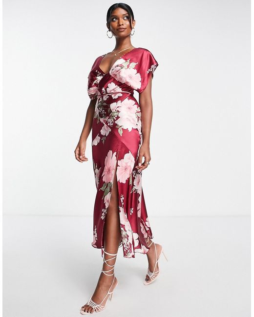Asos Design satin batwing midi dress with slit in pink vintage floral-