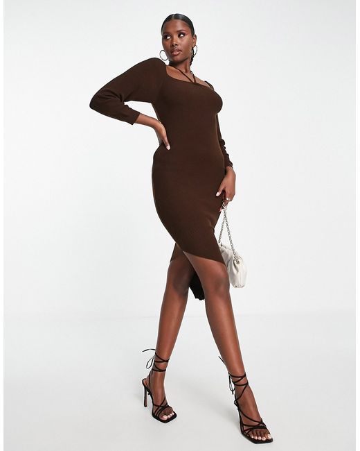 Fashionkilla knitted halterneck ruched sleeve midi dress in chocolate-