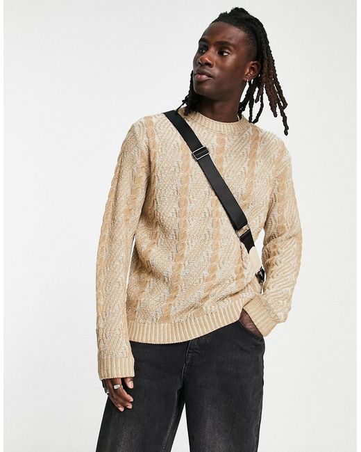 Asos Design cable knit sweater with crew neck in camel CAMEL-