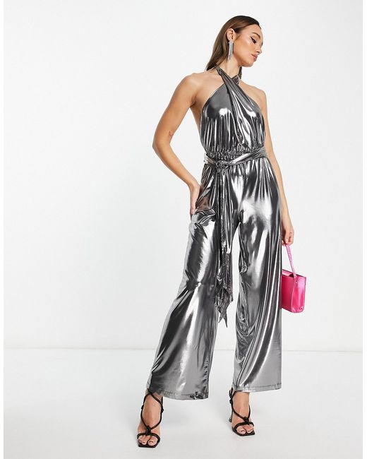 French Connection halterneck wide leg jumpsuit in high shine