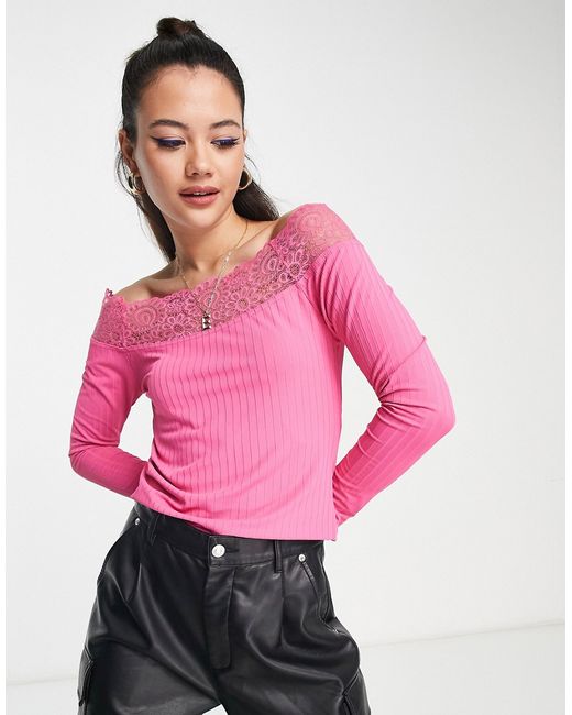 Pieces off-shoulder lace detail top in bright