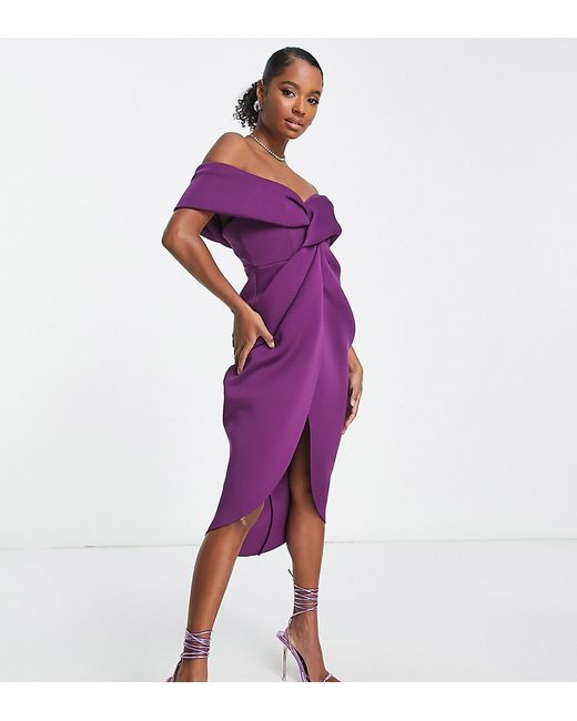 Asos Design Petite off shoulder twist front midi dress in grape-