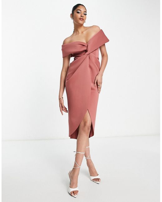 Asos Design off shoulder twist front midi dress in rose-