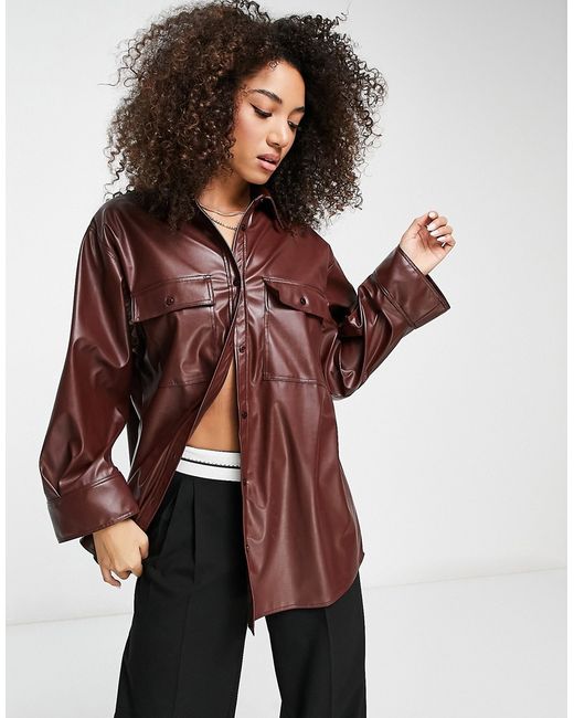 Asos Design PU oversized shirt with wide cuff detail in chocolate
