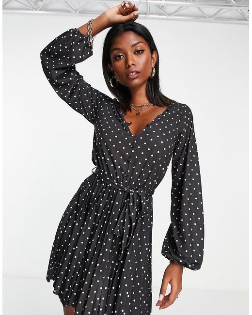 Asos Design long sleeve pleated mini dress with button detail in mono spot-