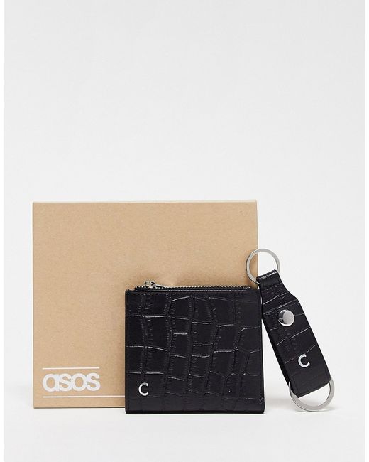 Asos Design keyring and wallet set in leather with C initial-