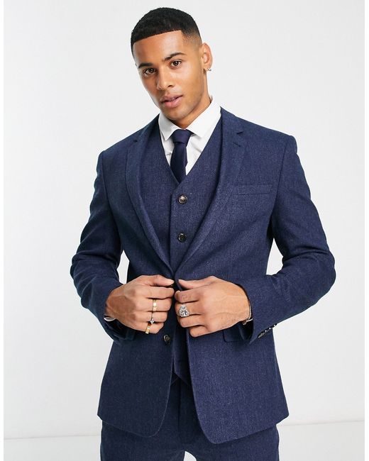 Asos Design Wedding skinny wool mix suit jacket in indigo basketweave texture-