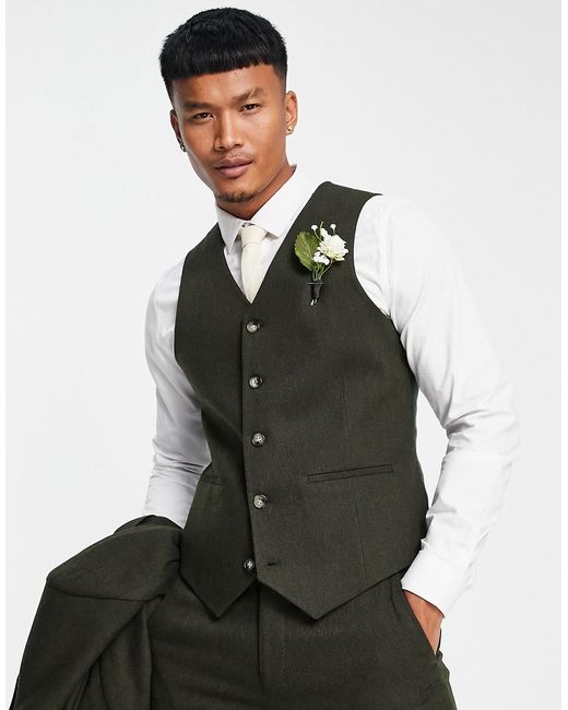 Asos Design wedding skinny wool mix suit vest in olive basketweave texture-