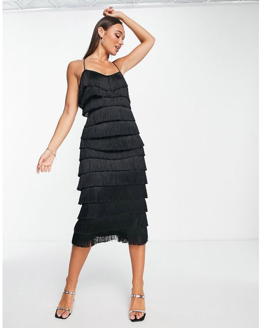 Asos Design tiered midi fringed dress with cross back detail in