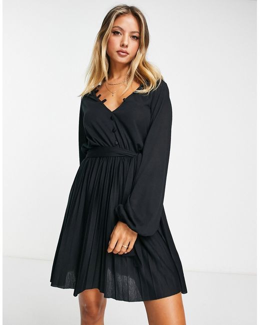 Asos Design long sleeve pleated mini dress with button detail in