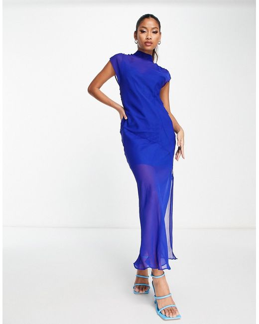 Asos Design sleeveless chiffon midaxi dress with open back in cobalt-