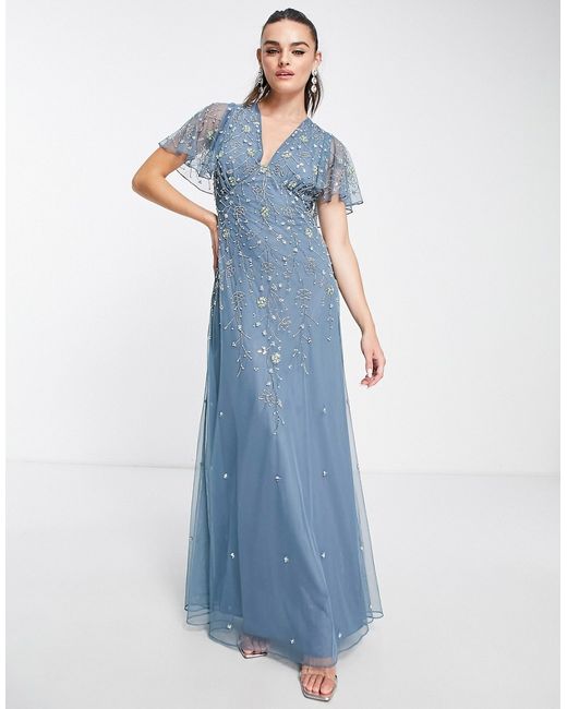 Asos Design flutter sleeve maxi dress with trailing floral embellishment in