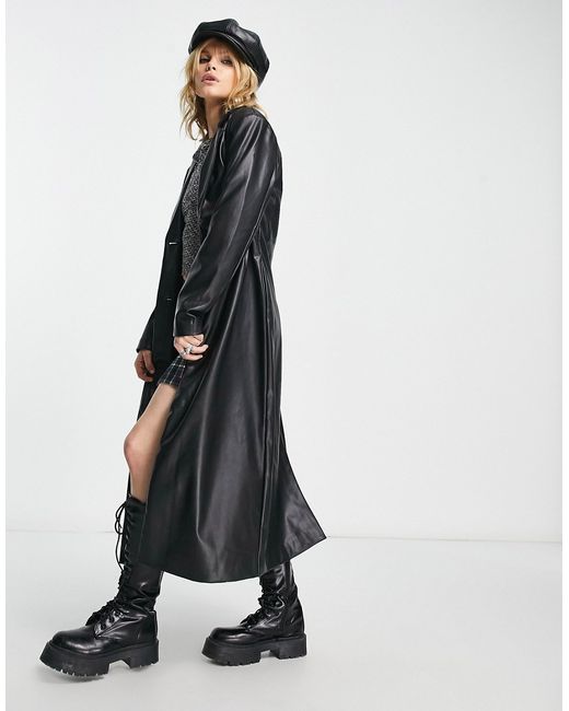 Only faux leather longline trench coat in
