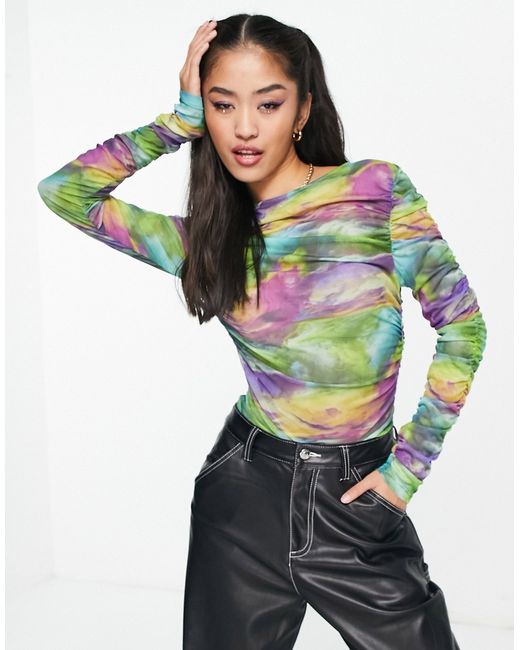 Pieces ruched mesh top in mixed space dye-