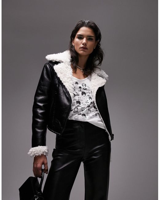 TopShop cropped faux shearling aviator jacket with shaggy fur lining in black-