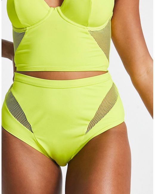 We Are We Wear high waisted bikini bottom with mesh inserts in chartreuse-