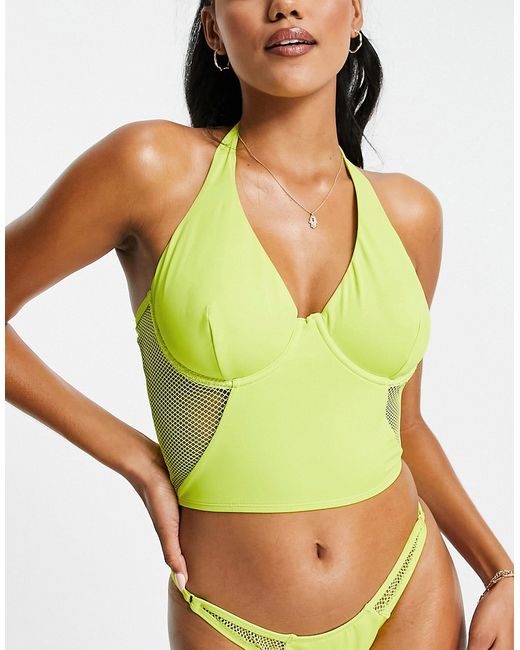 We Are We Wear Fuller Bust underwired bikini top with mesh insert in chartreuse-