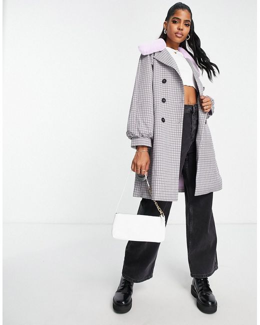 Miss Selfridge faux fur collar trench coat in purple check-