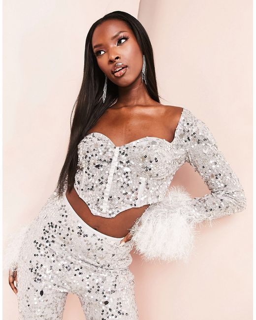 ASOS Luxe sweetheart neck faux feather trim sleeve sequin crop top in