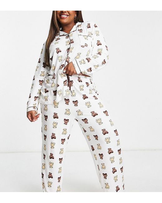 Loungeable Plus teddy bear long shirt and pants pajama set in cream-