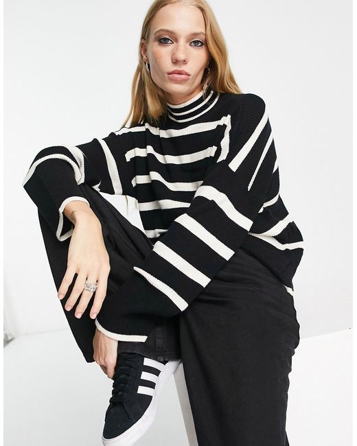 Only high neck sweater in black white stripe-