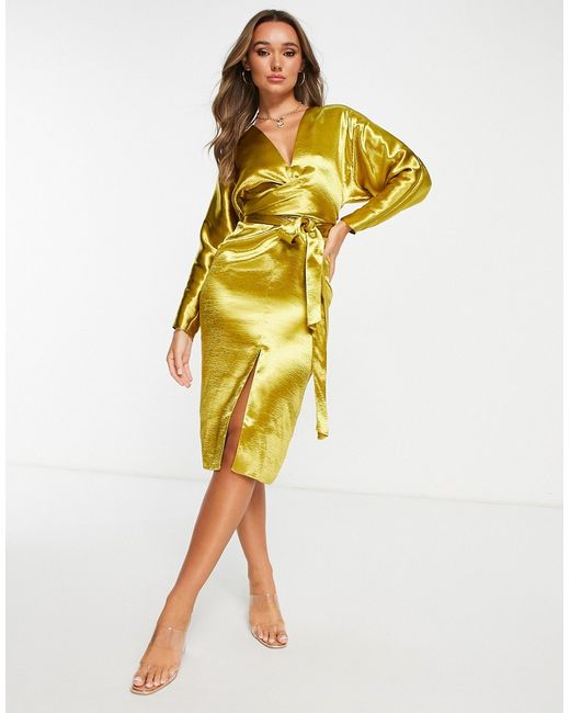 Asos Design batwing sleeve midi dress in satin with wrap waist chartreuse-