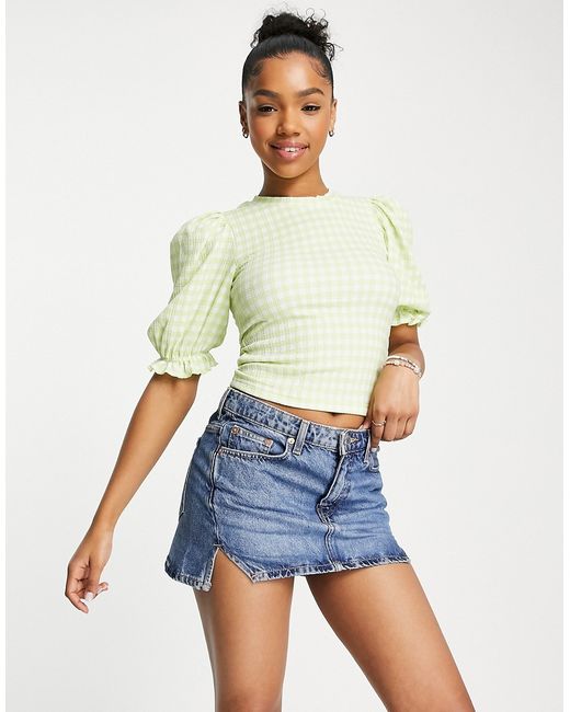 Monki puff sleeve top in gingham