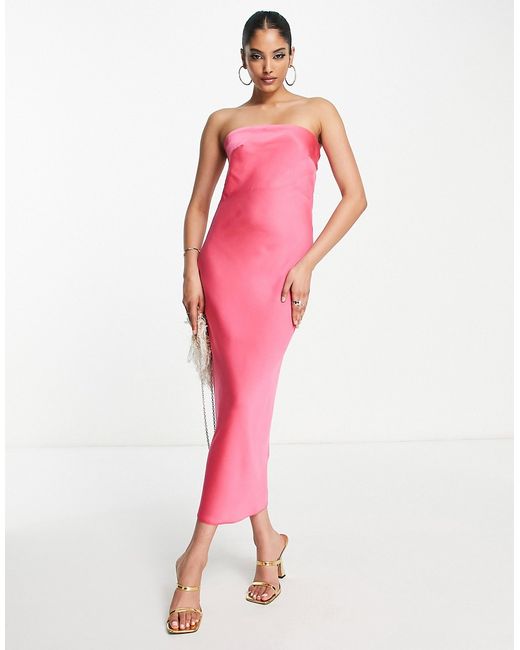 Asos Design satin bandeau midi dress with cowl back in hot