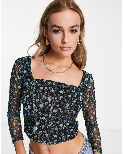 New Look corset detail mesh long sleeve floral pattern top in