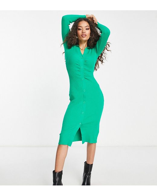 New Look Petite collared ruched button through ribbed midi dress in