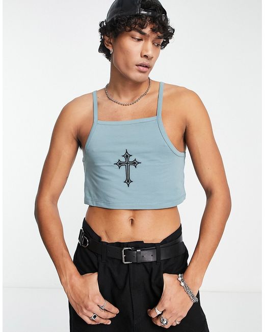 Asos Design cropped muscle strappy tank top in with chest embroidery