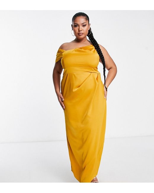 ASOS Curve DESIGN Curve one shoulder satin maxi dress with pleat detail in