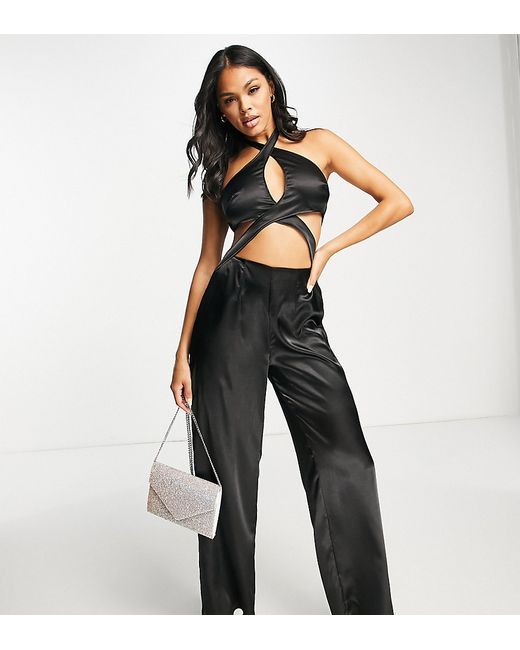AsYou satin cross neck cut out jumpsuit in