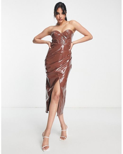 Asos Design lacquer corset midi dress with drape skirt in chocolate-