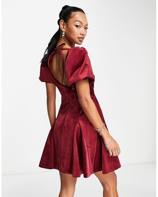 Asos Design puff sleeve velvet mini dress with godet detail in burgundy-