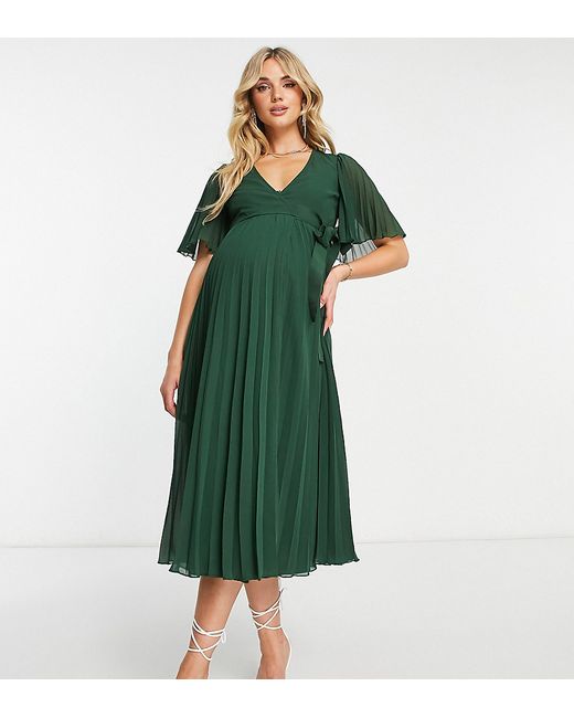 ASOS Maternity DESIGN Maternity exclusive pleated midi dress with kimono sleeve and tie waist in forest