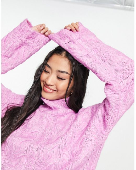 Pieces high neck cable knit sweater in bubblegum